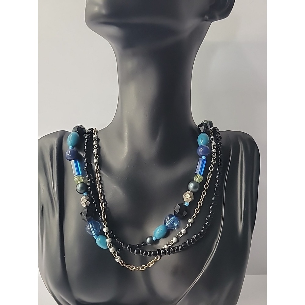 Vintage Premier‎ Designs Milti Strand Necklace Blue Black Silver Beaded Layered